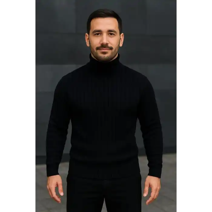 Erkek Fitilli Triko Kazak 2li Set Bordo Siyah Regular Balıkcı Yaka Tam Boğazlı Triko Seti Modeli Kazak