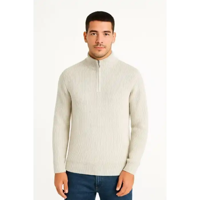 Erkek Fitilli Triko Kazak 2’li Set – Siyah & Bej Kalın Dokuma Pamuklu Regular Fit V Yaka Fermuarlı Uzun Kollu Rahat Kışlık Kazak Kombini