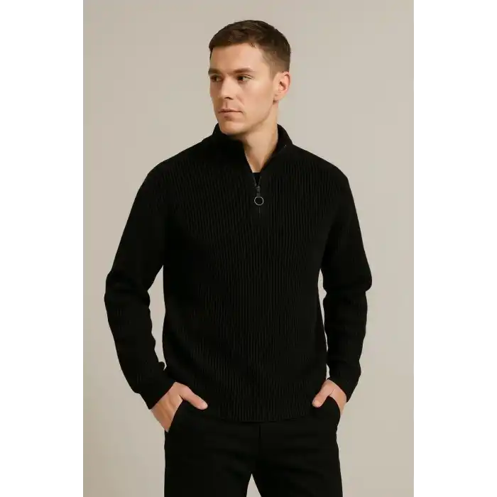 Erkek Fitilli Triko Kazak 2’li Set – Siyah & Haki Kalın Dokuma Pamuklu Regular Fit V Yaka Fermuarlı Uzun Kollu Rahat Kışlık Kazak Kombini