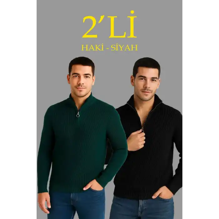 Erkek Fitilli Triko Kazak 2’li Set – Siyah & Haki Kalın Dokuma Pamuklu Regular Fit V Yaka Fermuarlı Uzun Kollu Rahat Kışlık Kazak Kombini