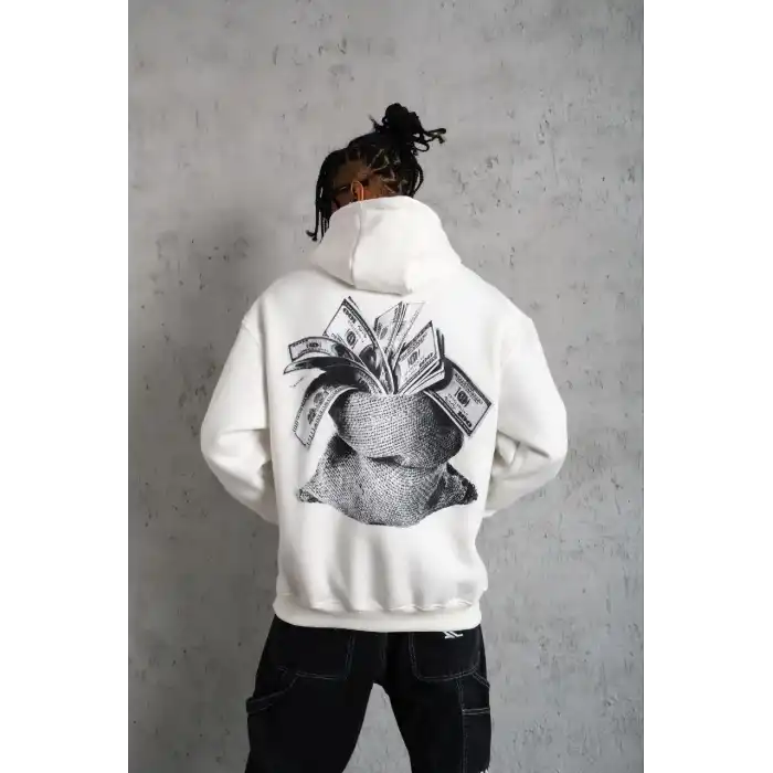 Erkek Kanguru Cep Baskılı Kapüşonlu Sweatshirt - Beyaz