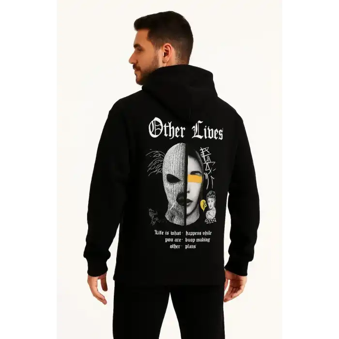 Erkek Kapşonlu Sweatshirt – Oversize Üç İplik Şardonlu Hoodie, “Other Lives” Ön & Arka Baskılı, Kanguru Cepli, Kışlık Rahat Günlük Stil - Siyah