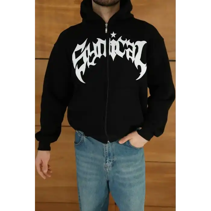 Erkek Kapüşonlu 3 İplik Şardonlu Önü Baskılı Fermuarlı Oversize Sweatshirt - Siyah