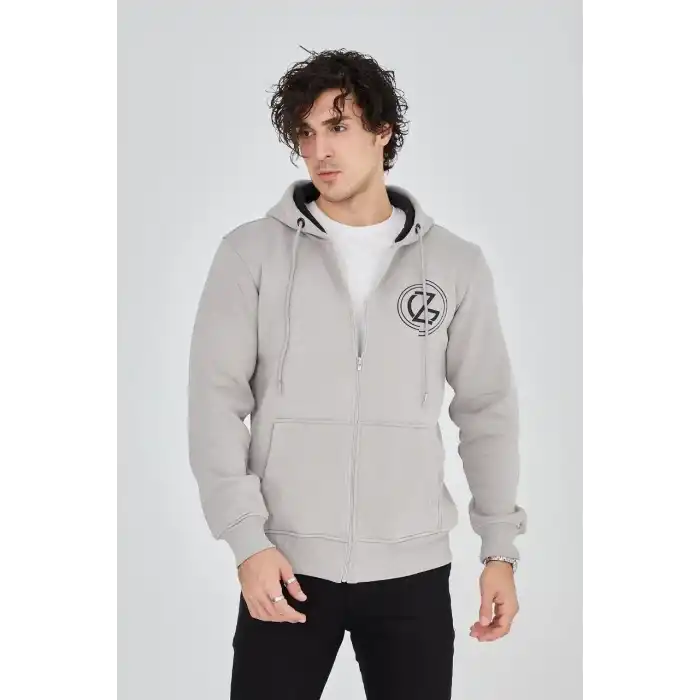 Erkek Kapüşonlu Baskılı Fermuarlı Hırka - Boyalı Gri