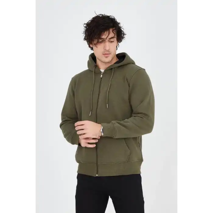 Erkek Kapüşonlu Düz Fermuarlı Hırka - Yeşil