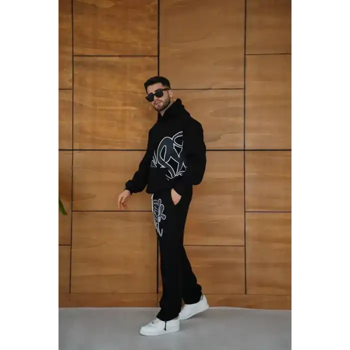 Erkek Kapüşonlu Eşofman Takım Graffiti Baskılı Oversize Rahat Kalıp, Kanguru Cepli, Streetwear Tarzında Premium Ürün 3 iplik Pamuklu - Siyah