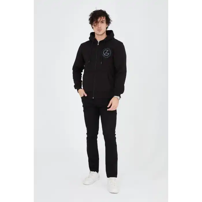 Erkek Kapüşonlu Z Baskılı Fermuarlı Hırka - Siyah
