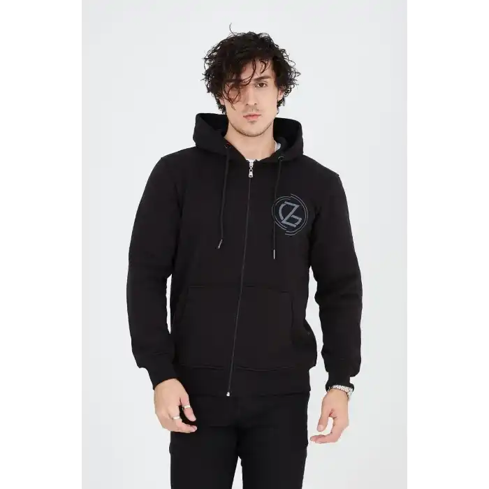 Erkek Kapüşonlu Z Baskılı Fermuarlı Hırka - Siyah