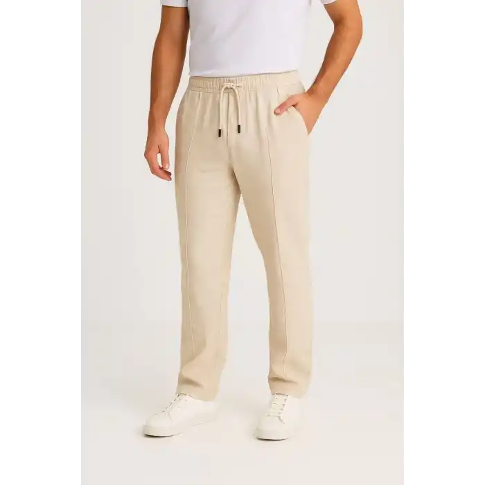 Erkek Keten Pantolon – Cepli, Beli Lastikli ve Bağcıklı, Nefes Alan Rahat Kalıp, Yazlık ve Baharlık Günlük Giyim, Şık & Konforlu Boru Paça Model - Bej