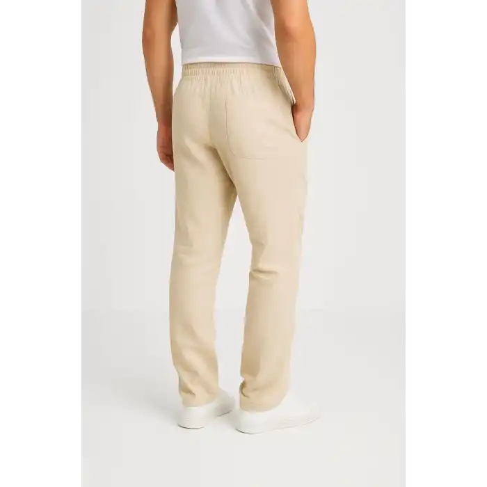 Erkek Keten Pantolon – Cepli, Beli Lastikli ve Bağcıklı, Nefes Alan Rahat Kalıp, Yazlık ve Baharlık Günlük Giyim, Şık & Konforlu Boru Paça Model - Bej