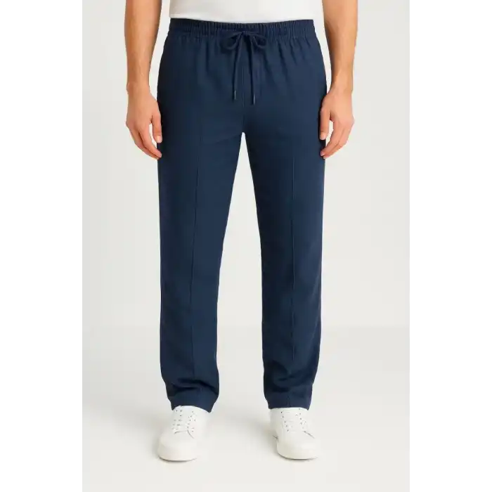 Erkek Keten Pantolon – Cepli, Beli Lastikli ve Bağcıklı, Nefes Alan Rahat Kalıp, Yazlık ve Baharlık Günlük Giyim, Şık & Konforlu Boru Paça Model - Lacivert