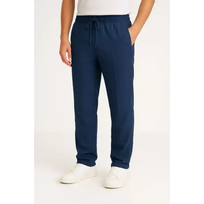 Erkek Keten Pantolon – Cepli, Beli Lastikli ve Bağcıklı, Nefes Alan Rahat Kalıp, Yazlık ve Baharlık Günlük Giyim, Şık & Konforlu Boru Paça Model - Lacivert