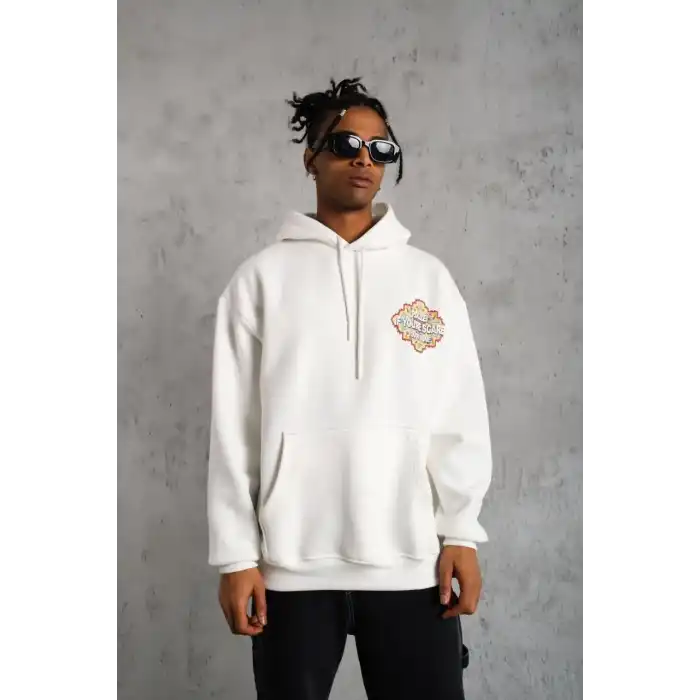 Erkek Kilim Desen Kapüşonlu Sweat- Beyaz