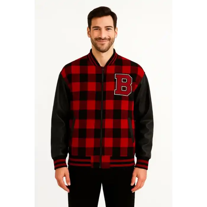 Erkek Kolej Ceket – Kareli Oduncu Kumaş, Kolları Suni Deri, Fermuarlı, İçi Kapitone Astarlı, Nakışlı Oversize Bahar & Kış Stil - Bordo