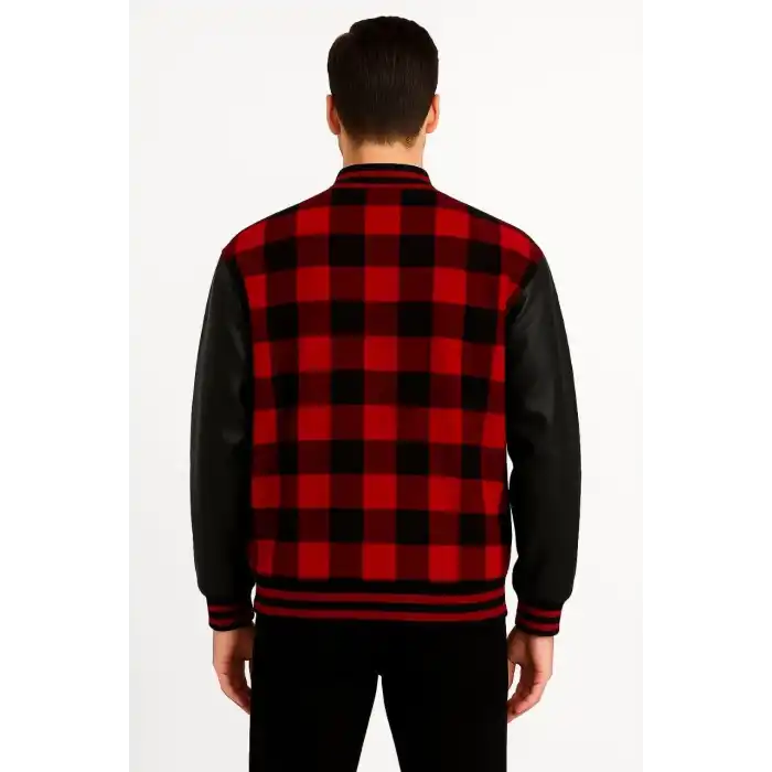 Erkek Kolej Ceket – Kareli Oduncu Kumaş, Kolları Suni Deri, Fermuarlı, İçi Kapitone Astarlı, Nakışlı Oversize Bahar & Kış Stil - Bordo