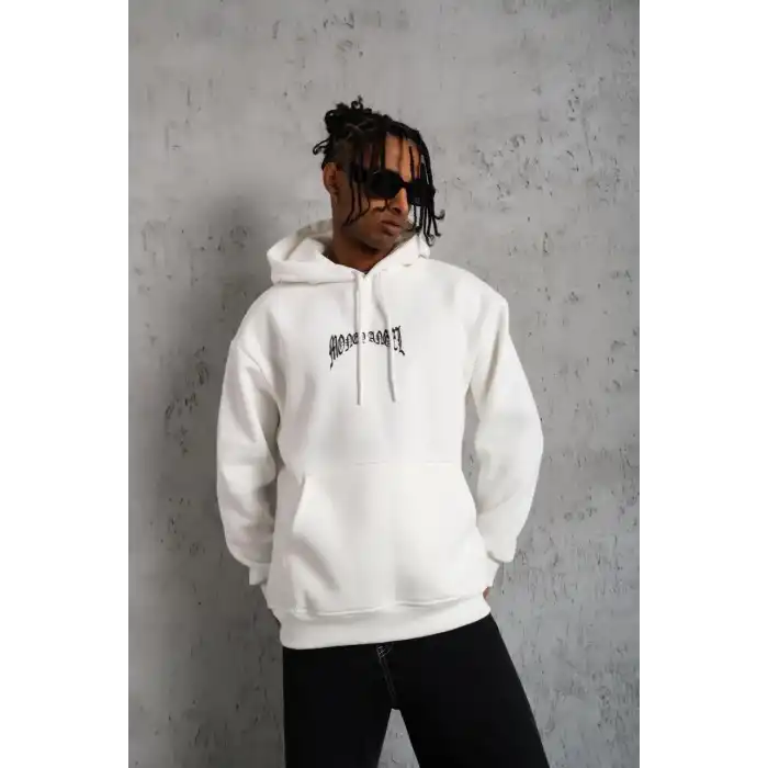 Erkek Kordon İpli Baskılı Kapüşonlu Sweatshirt - Beyaz