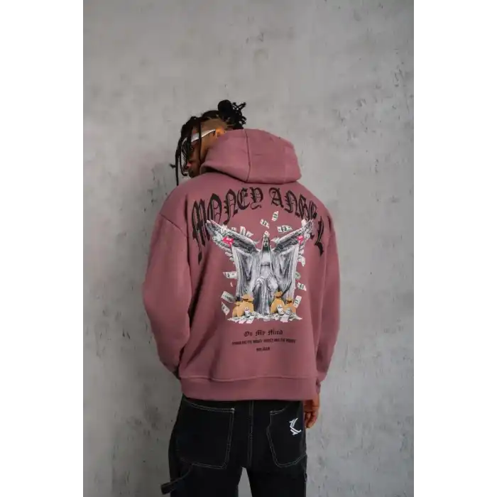 Erkek Kordon İpli Baskılı Kapüşonlu Sweatshirt - Gül Kurusu