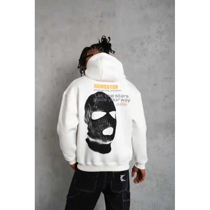 Erkek Kordonlu Maske Baskılı Kapüşonlu Sweat - Beyaz