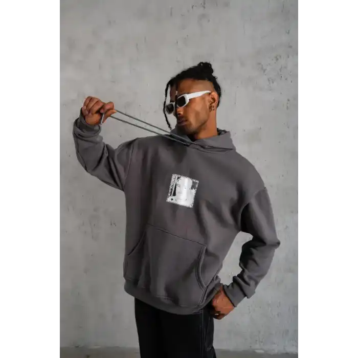 Erkek Ön Arka Baskılı Kapşonlu Sweat - Gri
