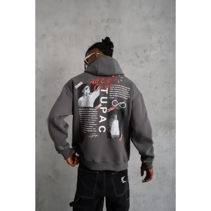 Erkek Ön Arka Baskılı Kapşonlu Sweat - Gri