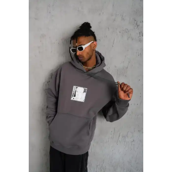 Erkek Ön Arka Baskılı Kapşonlu Sweat - Gri