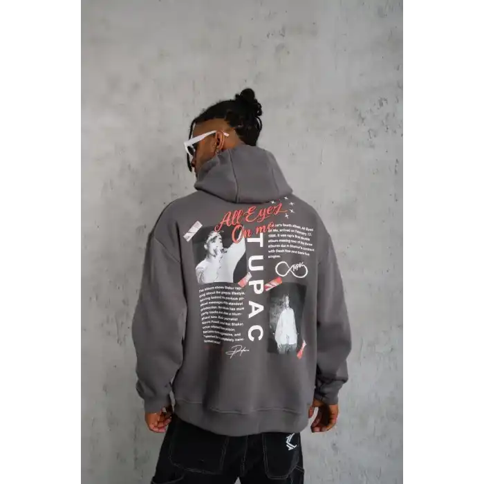 Erkek Ön Arka Baskılı Kapşonlu Sweat - Gri