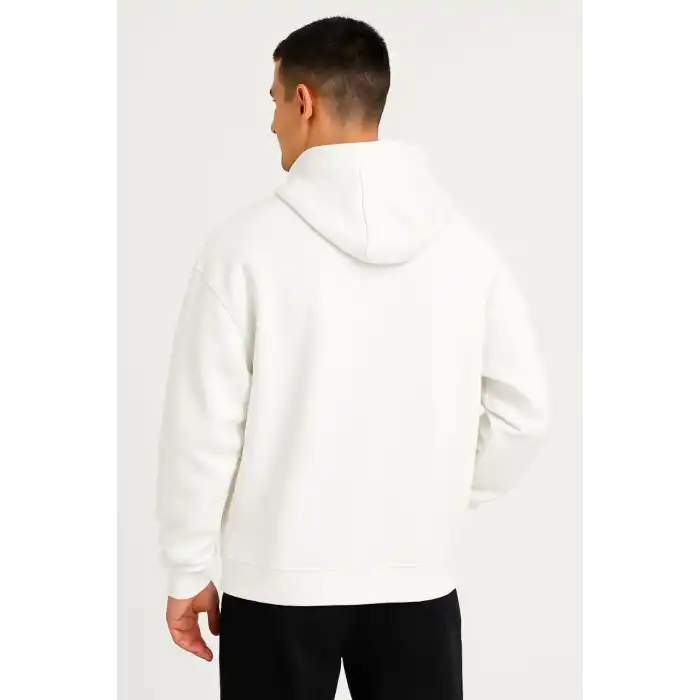 Erkek Ovarsize Kapüşonlu Swetshirt Kanguru Çepli Cıtcıtlı 3 iplik Şardonlu Hoodie - Beyaz
