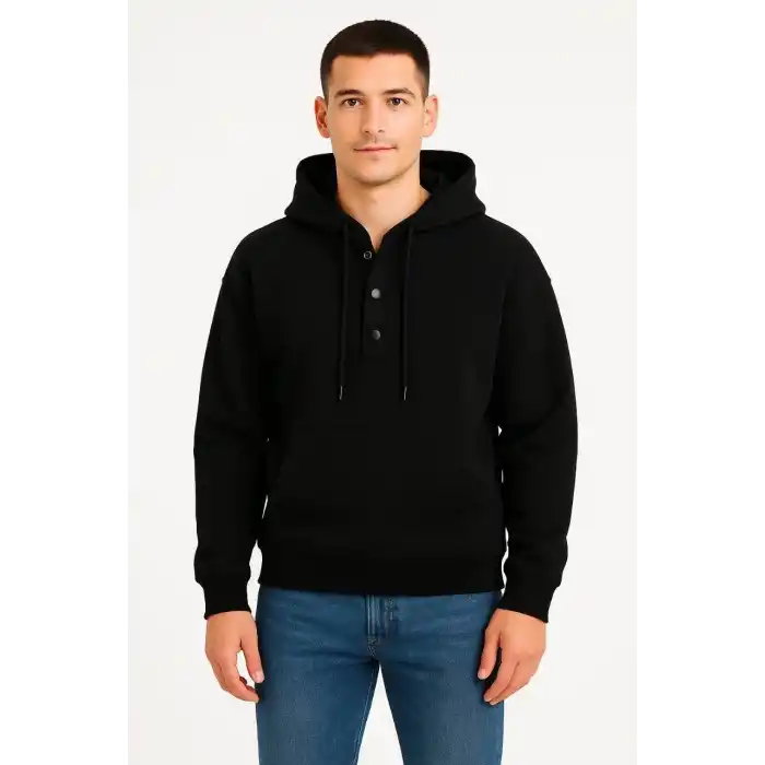 Erkek Ovarsize Kapüşonlu Swetshirt Kanguru Çepli Cıtcıtlı 3 iplik Şardonlu Hoodie - Siyah