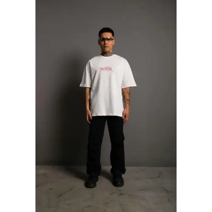 Erkek Oversize Tişört – Beyaz 24/1 Penye Kumaş, Bisiklet Yaka, Ön & Arka Baskılı, Streetwear Tarzı Rahat Büyük Kalıp T-Shirt- Beyaz