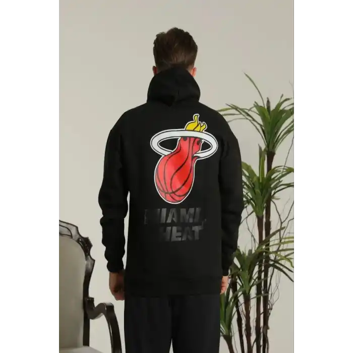 Erkek Oversize Üç İplik Kapüşonlu Sweatshirt –Sırt ve Ön Baskılı, Kanguru Cepli, Rahat Kalıp Maskot Desenli Model - Siyah