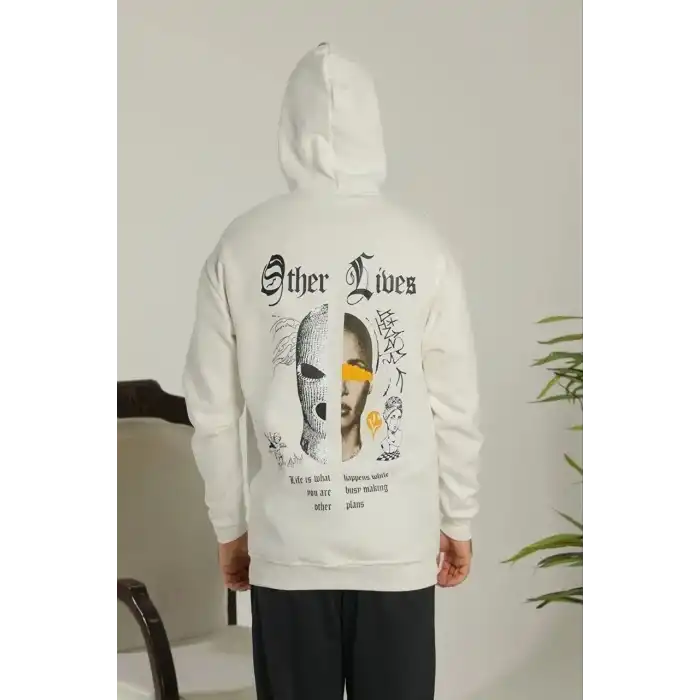 Erkek Oversize Üç İplik Şardonlu Kapüşonlu Sweatshirt – Beyaz “Other Lives” Ön ve Arka Baskılı, Kanguru Cepli, Ribanalı Rahat Kışlık Model Beyaz
