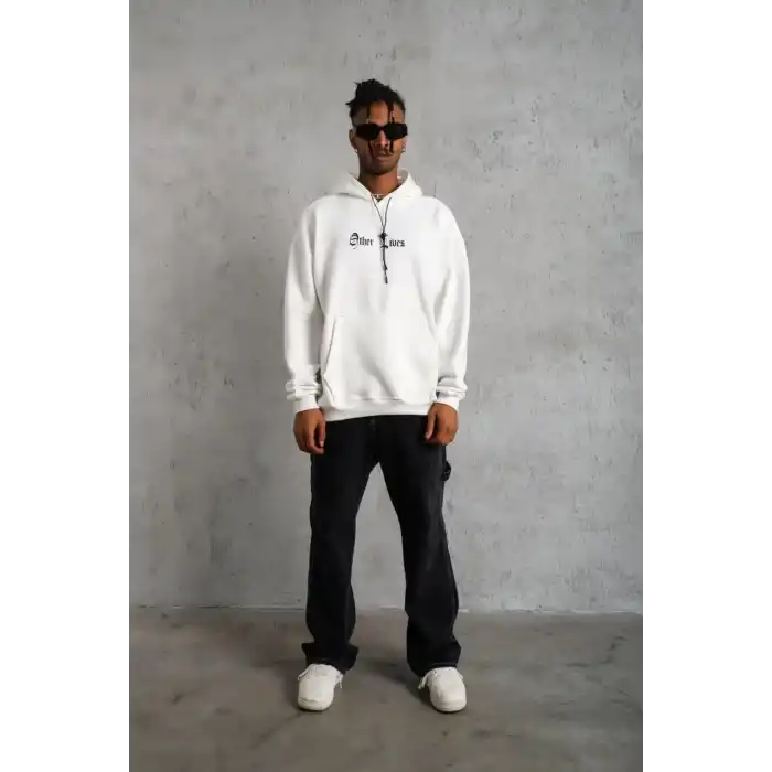 Erkek Oversize Üç İplik Şardonlu Kapüşonlu Sweatshirt – Beyaz “Other Lives” Ön ve Arka Baskılı, Kanguru Cepli, Ribanalı Rahat Kışlık Model Beyaz