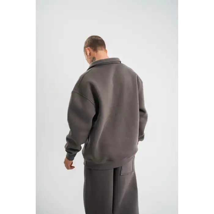 Erkek Patlı Yaka Üç İplik Pamuklu Sweatshirt Double Oversize Rahat Kalıp Günlük Kullanım - Füme