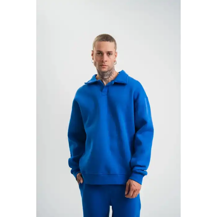 Erkek Patlı Yaka Üç İplik Pamuklu Sweatshirt Double Oversize Rahat Kalıp Günlük Kullanım - Mavi