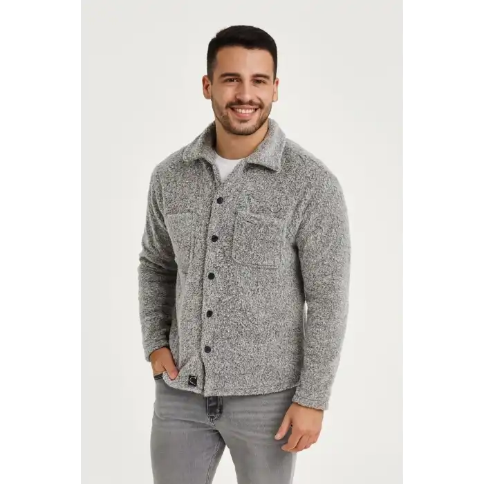 Erkek Pelüş Polar Hırka Gömlek – Yakalı, İlik Düğmeli, Göğüs Cepli, Yumuşak Dokulu Kışlık Regular Fit Rahat Günlük Model - Gri