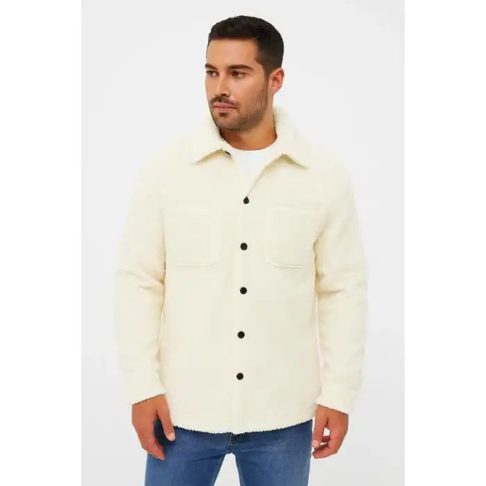 Erkek Pelüş Polar Hırka Gömlek – Yakalı, İlik Düğmeli, Göğüs Cepli, Yumuşak Dokulu Kışlık Regular Fit Rahat Günlük Model - Beyaz