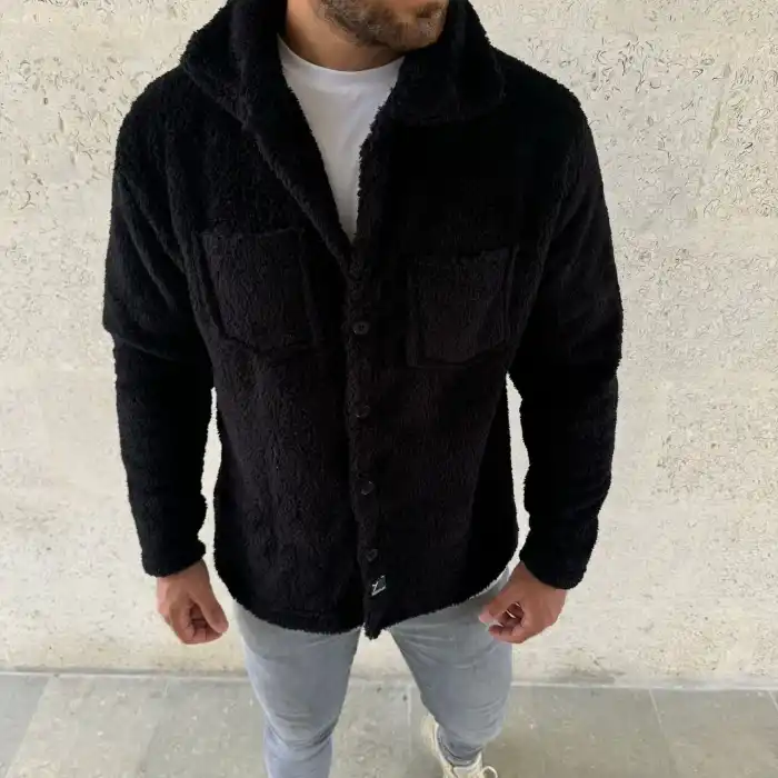 Erkek Pelüş Polar Hırka Gömlek – Yakalı, İlik Düğmeli, Göğüs Cepli, Yumuşak Dokulu Kışlık Regular Fit Rahat Günlük Model - Siyah