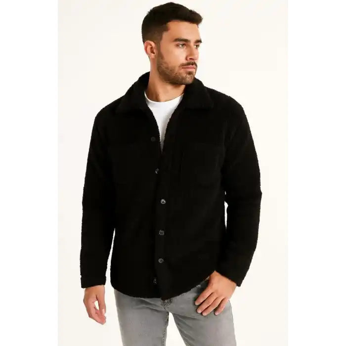 Erkek Pelüş Polar Hırka Gömlek – Yakalı, İlik Düğmeli, Göğüs Cepli, Yumuşak Dokulu Kışlık Regular Fit Rahat Günlük Model - Siyah