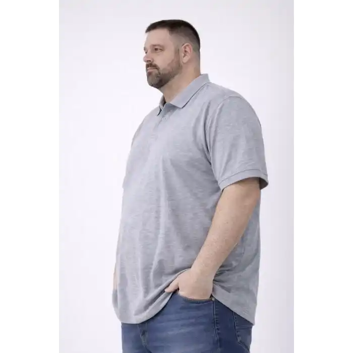 Erkek Pike Kumaş Düğmeli Yaka Battal Büyük Beden Günlük Kısa kol Tişört T-shirt - Gri