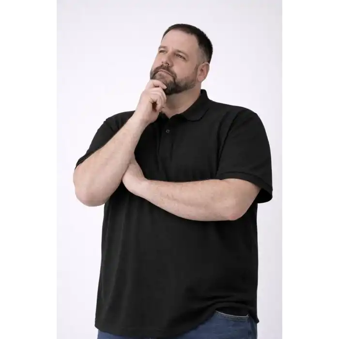 Erkek Pike Kumaş Düğmeli Yaka Battal Büyük Beden Günlük Kısa kol Tişört T-shirt - Siyah