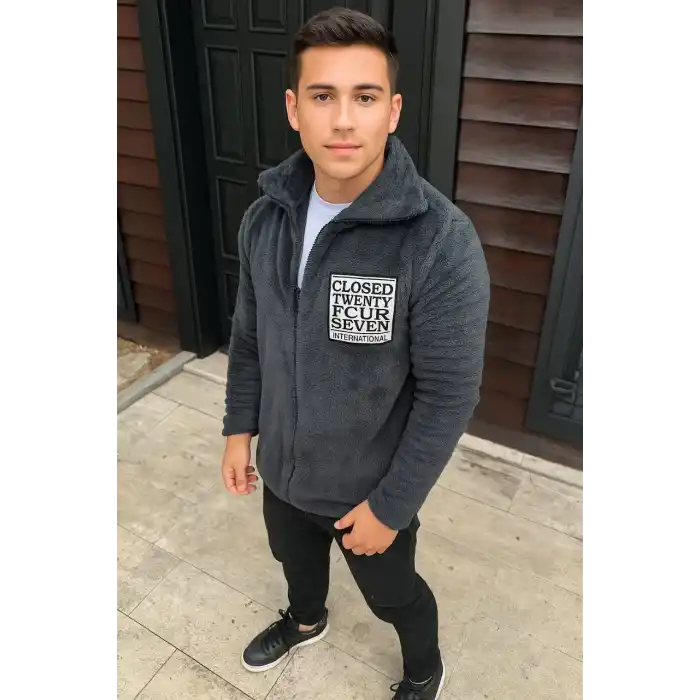 Erkek Polar Fermuarlı Sweatshirt – Kapüşonsuz, Cepli, Yumuşak Dokulu, Oversize Rahat Kalıp, Kışlık Sıcak Tutan Fermuarlı Üst - Füme
