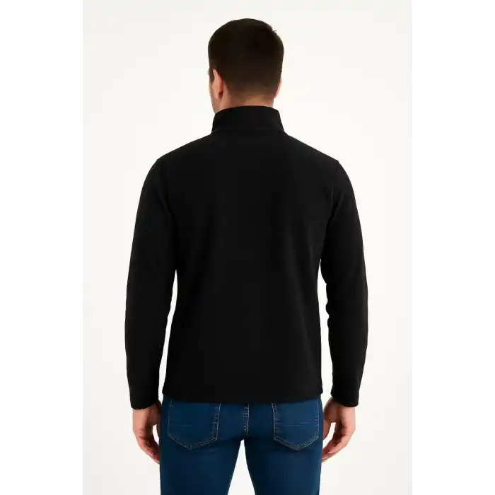 Erkek Polar Kazak – Dik Yaka, Yarım Fermuarlı, Fermuarlı Göğüs Cepli, Siyah Biyeli, Kışlık Rahat Regular Fit Günlük Model - Siyah