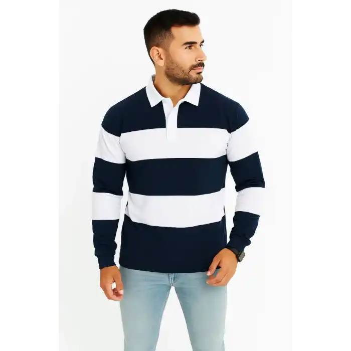Erkek Polo Yaka Uzun Kollu Çizgili Sweatshirt Trend Rugby Stil - Lacivert