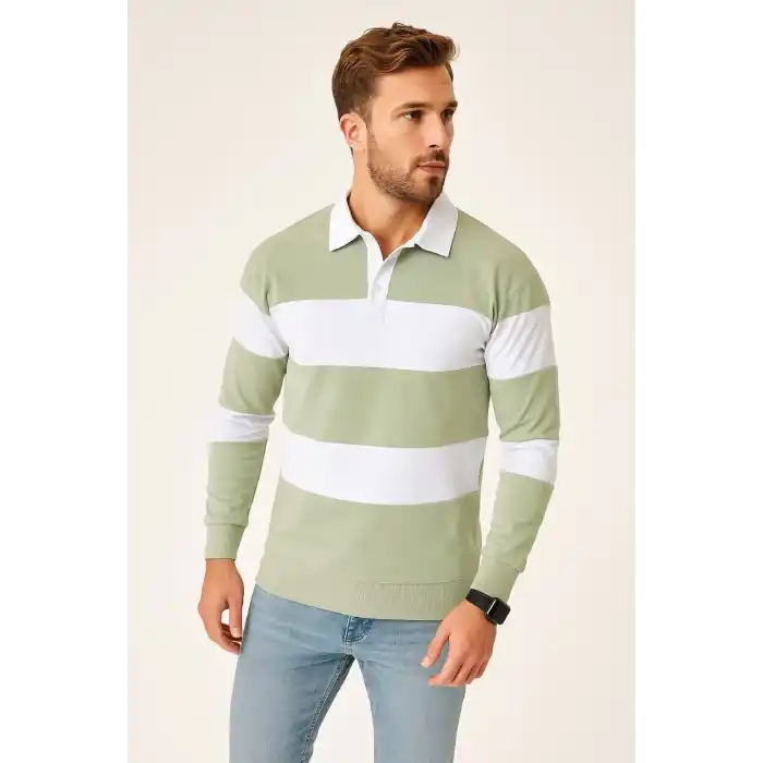 Erkek Polo Yaka Uzun Kollu Çizgili Sweatshirt Trend Rugby Stil - Mint Yeşili