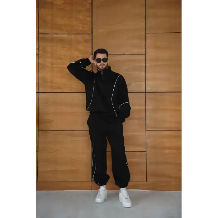 Erkek Premium Parçalı Eşofman Takım - Dik Yaka Fermuarlı Biyeli Sweatshirt Lastik Paça Alt, Oversize 3 iplik Şardonlu - Siyah