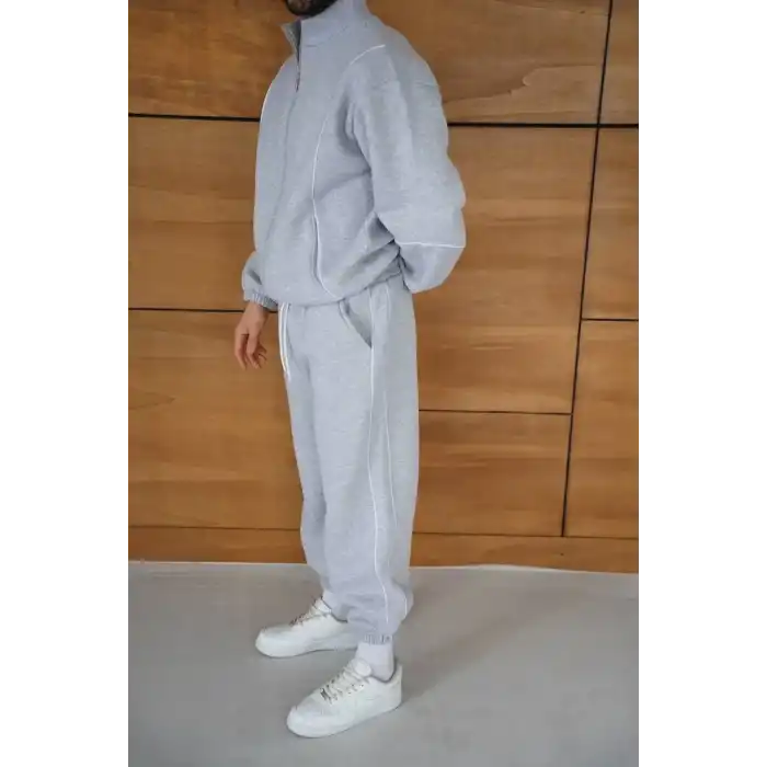Erkek Premium Parçalı Eşofman Takım - Dik Yaka Fermuarlı Biyeli Sweatshirt Lastik Paça Alt, Oversize 3 iplik Şardonlu - Gri