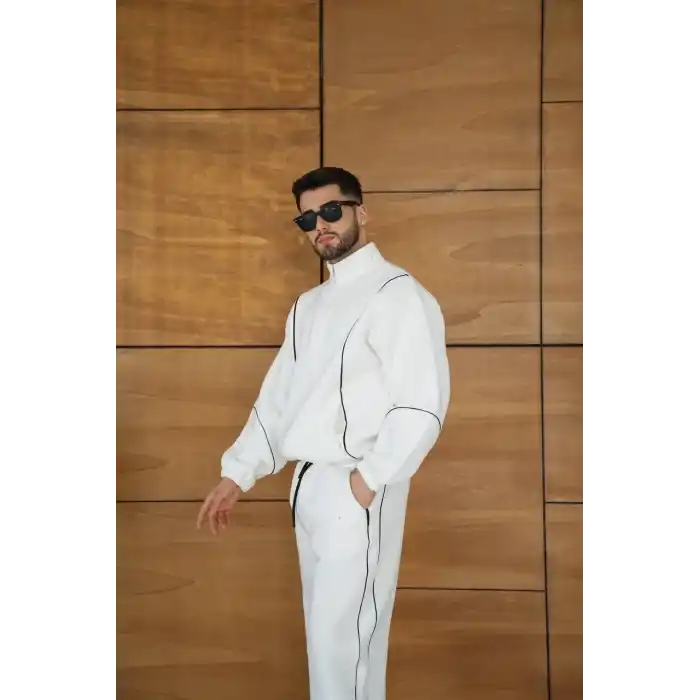 Erkek Premium Parçalı Eşofman Takım - Dik Yaka Fermuarlı Biyeli Sweatshirt Lastik Paça Alt, Oversize 3 iplik Şardonlu - Beyaz