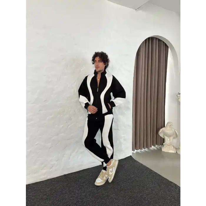 Erkek Premium Parçalı Eşofman Takım - Dik Yaka Fermuarlı Sweatshirt, - Siyah