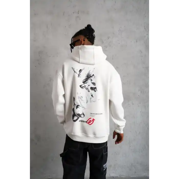 Erkek Şapkalı Güvercin Baskılı Kapşonlu Sweat - Beyaz