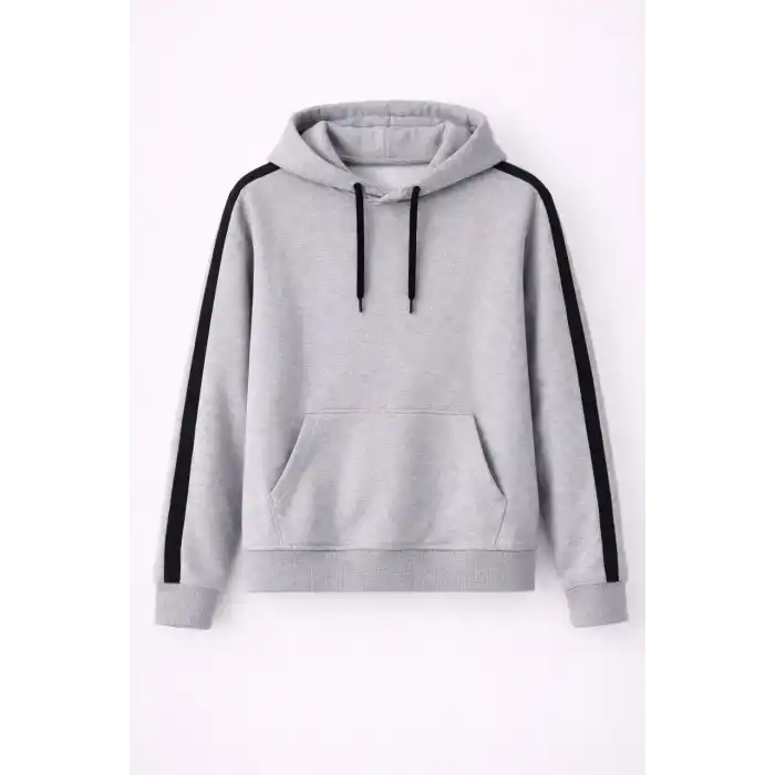 Erkek Şeritli Kapüşonlu Sweatshirt Oversize 3 iplik Pamuklu - Gri